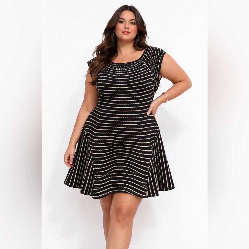 Jessica Simpson Black/Cream Striped Fit & Flare Flowy A-Line Knit Mini Dress-3X